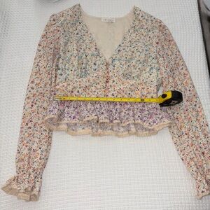 FREE THE ROSES Floral Lace Cropped Peplum Puff Long Sleeve Top Size M Medium